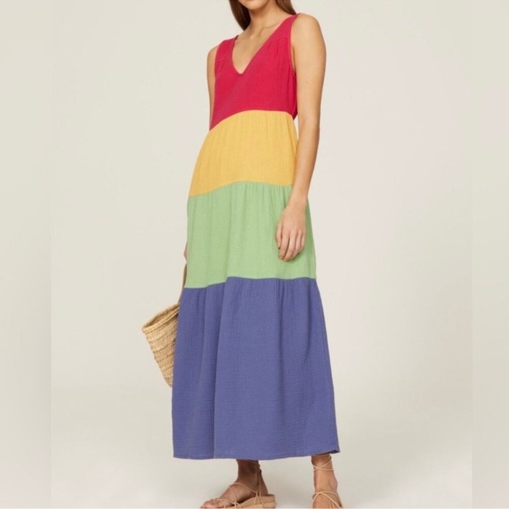 Corinne Double Cloth Rainbow Colorful Sleeveless Maxi Dress. Size Small.